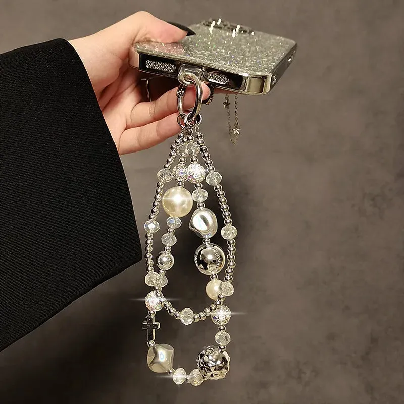 Beautiful Elegant Beaded Crystal Pearl Phone Keychain Wrist Hand Strap