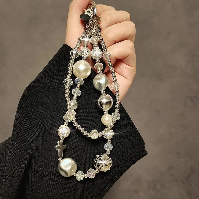 Beautiful Elegant Beaded Crystal Pearl Phone Keychain Wrist Hand Strap