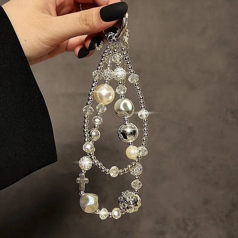 Beautiful Elegant Beaded Crystal Pearl Phone Keychain Wrist Hand Strap