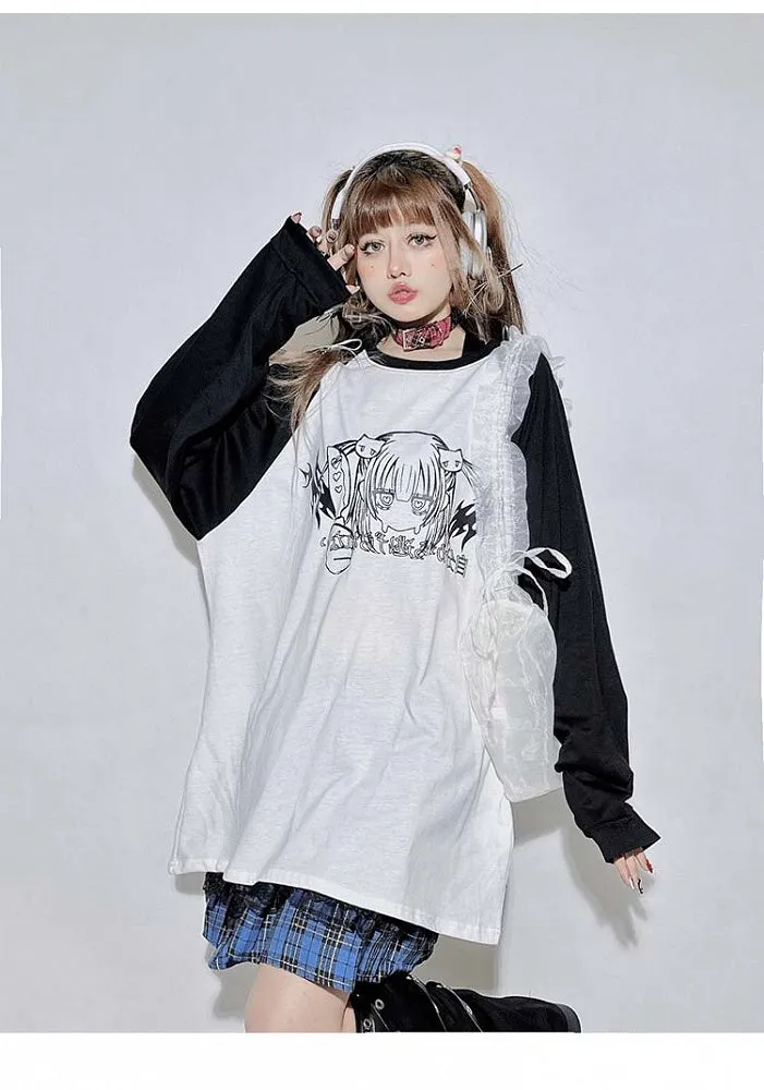 Black&White Round Neck Cartoon Top