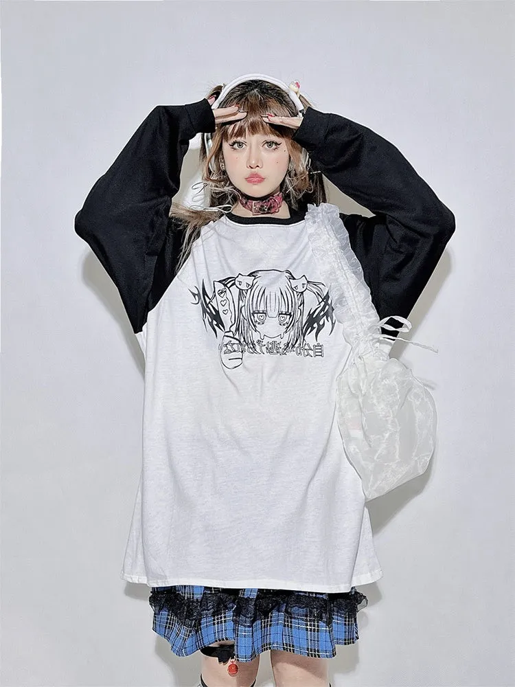 Black&White Round Neck Cartoon Top