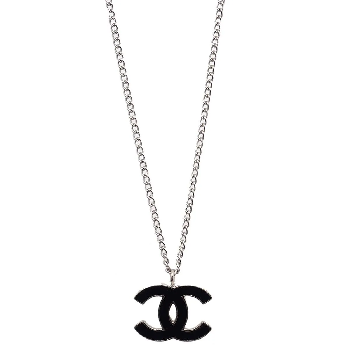 Chanel Chain Necklace Silver Black 04P