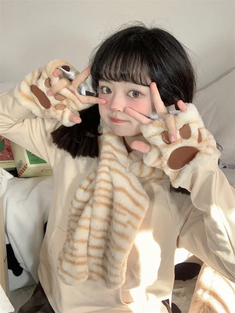 Kawaii Cat Hat Scarf Mitten 3 in 1 Patchwork Hoodie