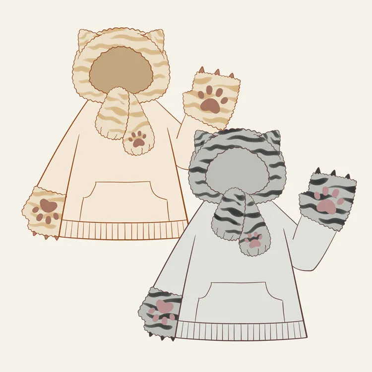 Kawaii Cat Hat Scarf Mitten 3 in 1 Patchwork Hoodie