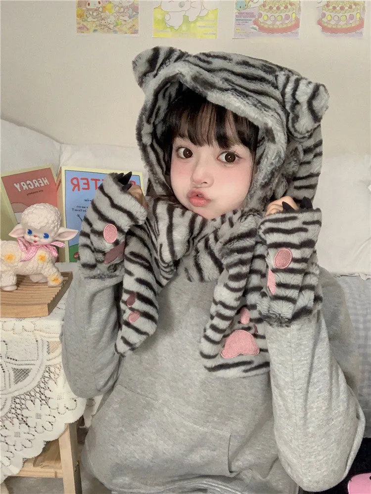 Kawaii Cat Hat Scarf Mitten 3 in 1 Patchwork Hoodie
