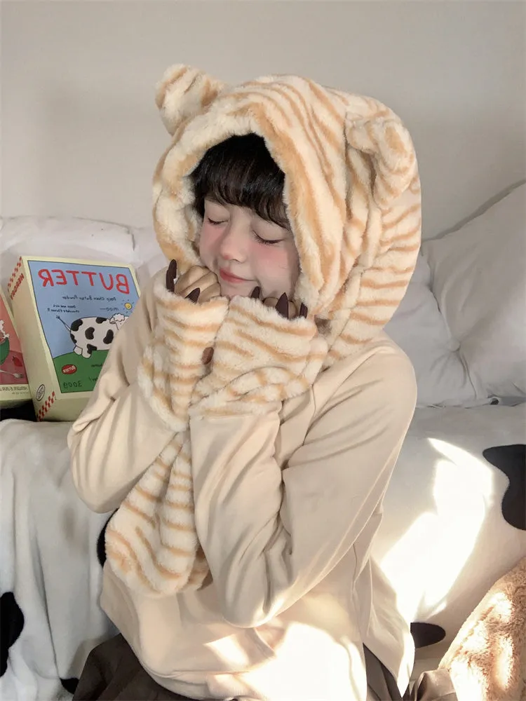 Kawaii Cat Hat Scarf Mitten 3 in 1 Patchwork Hoodie