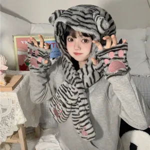 Kawaii Cat Hat Scarf Mitten 3 in 1 Patchwork Hoodie