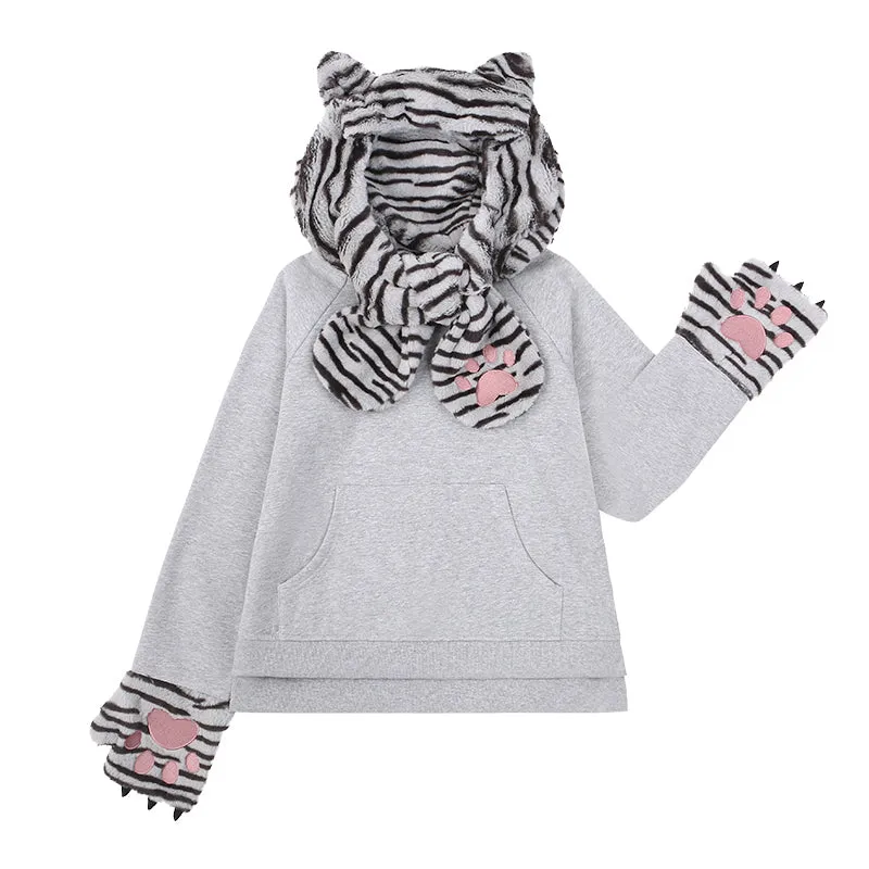 Kawaii Cat Hat Scarf Mitten 3 in 1 Patchwork Hoodie