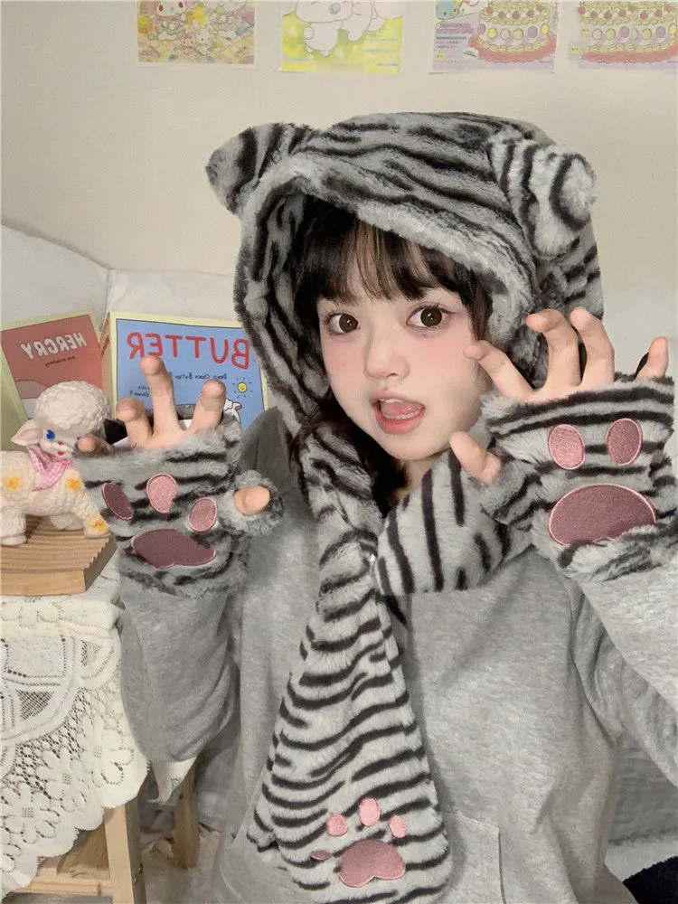 Kawaii Cat Hat Scarf Mitten 3 in 1 Patchwork Hoodie