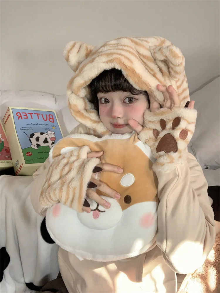 Kawaii Cat Hat Scarf Mitten 3 in 1 Patchwork Hoodie