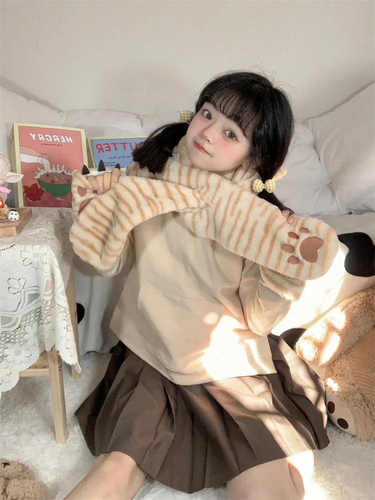 Kawaii Cat Hat Scarf Mitten 3 in 1 Patchwork Hoodie