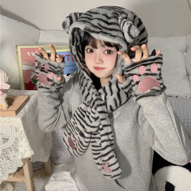 Kawaii Cat Hat Scarf Mitten 3 in 1 Patchwork Hoodie