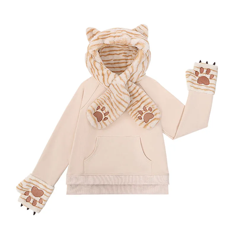 Kawaii Cat Hat Scarf Mitten 3 in 1 Patchwork Hoodie