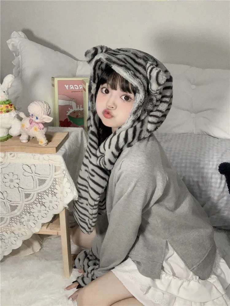 Kawaii Cat Hat Scarf Mitten 3 in 1 Patchwork Hoodie